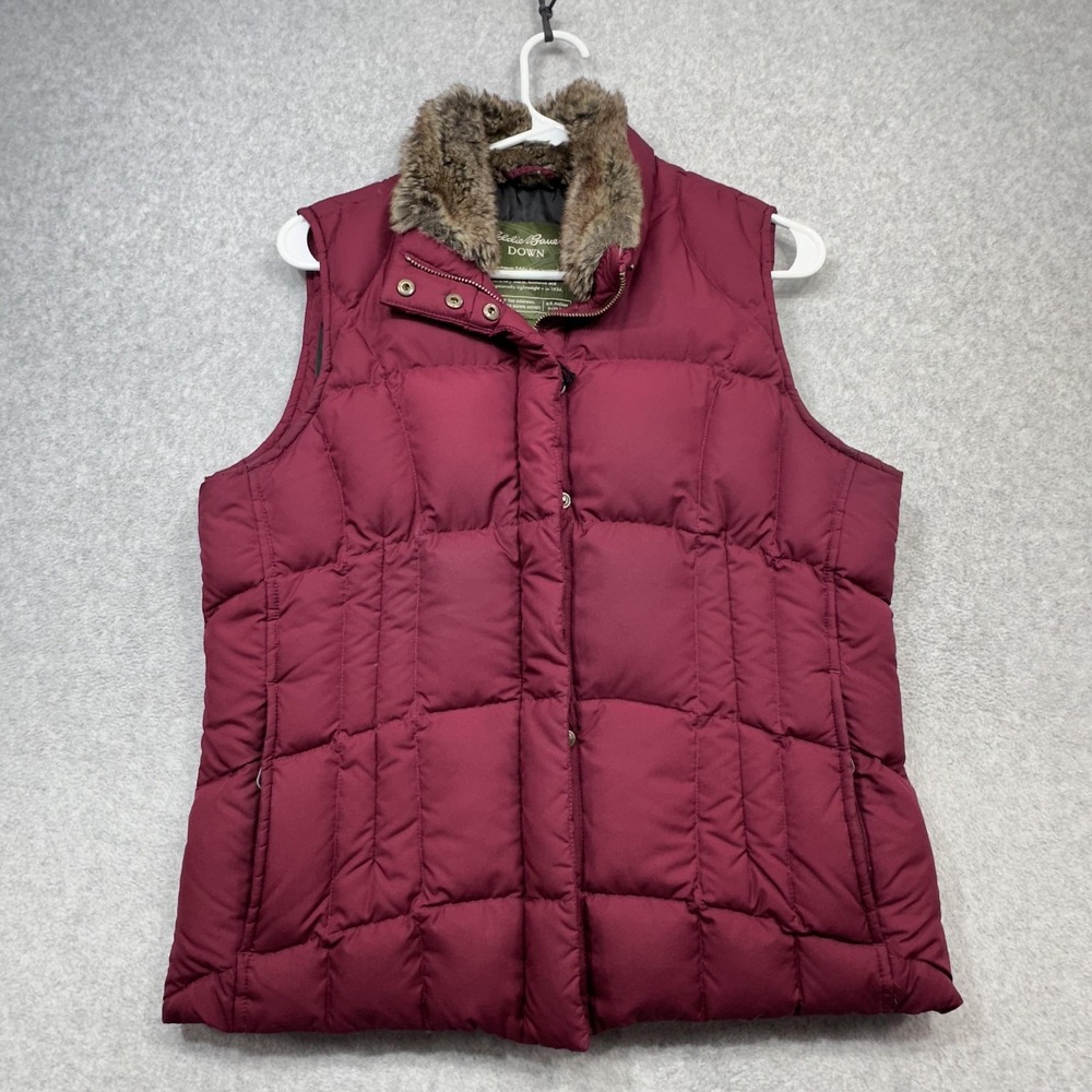 Eddie Bauer Vest Womens Medium Red Down Puffer Faux Fur Trim Collar Zip Quilted